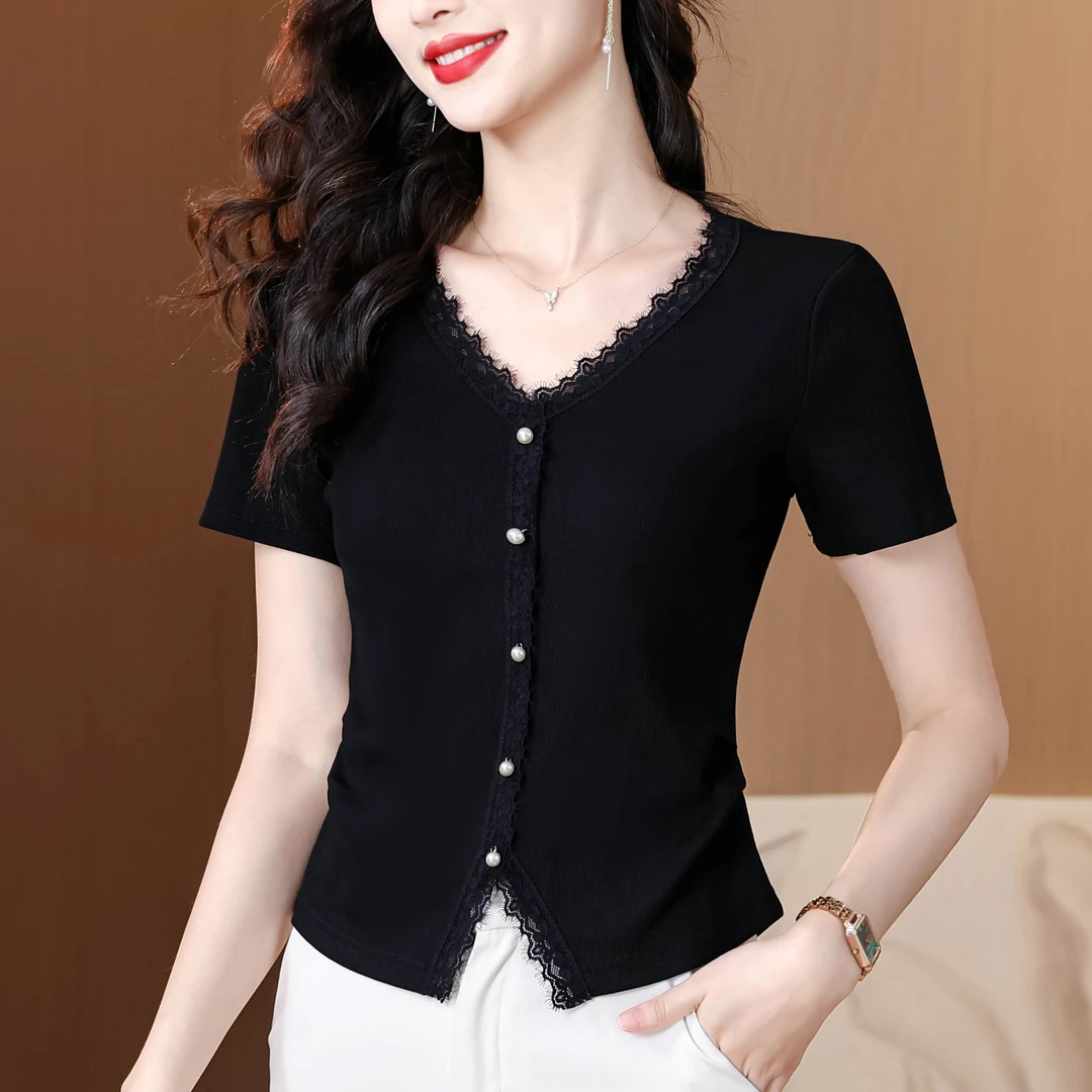 夏季时尚减龄洋气蕾丝拼接V领短袖T恤女气质修身显瘦百搭小众上衣