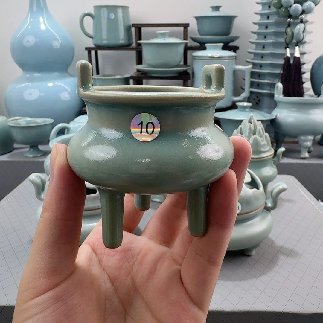 摆件微微瑕汝窑仿古釉高足线香炉
