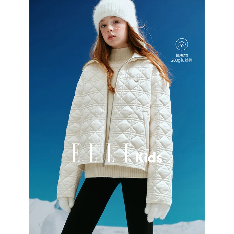 ELLE KIDS针织大翻领棉服女童冬季新款藤格纹绗棉拉链外套D3