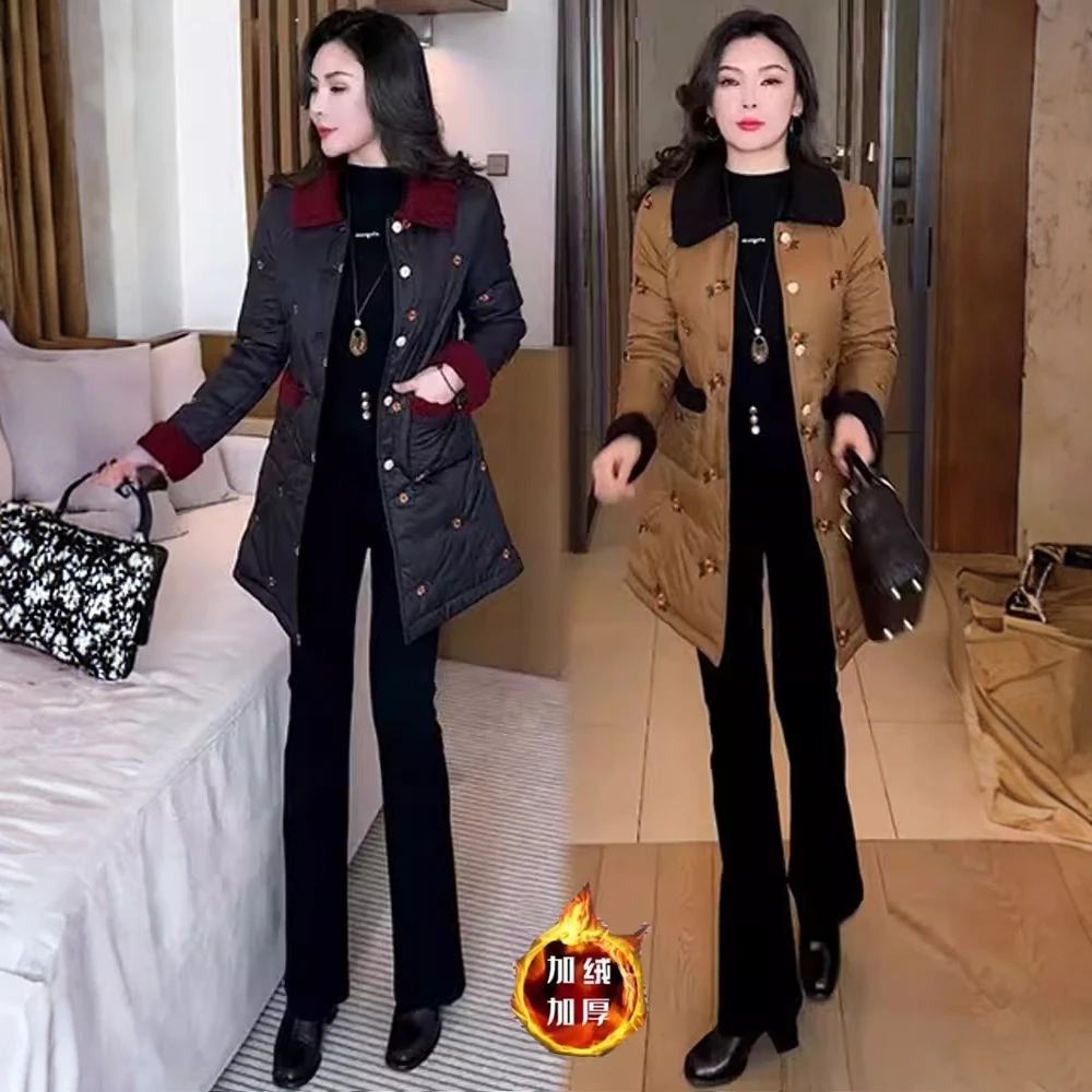 时尚加绒加厚保暖棉衣外套女冬季新款洋气显瘦刺绣棉服中长款棉袄