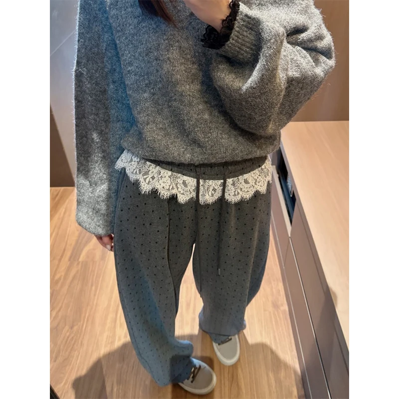 韩系2025春季高腰波点休闲裤女春款新款梨形高腰显瘦宽松阔腿裤子