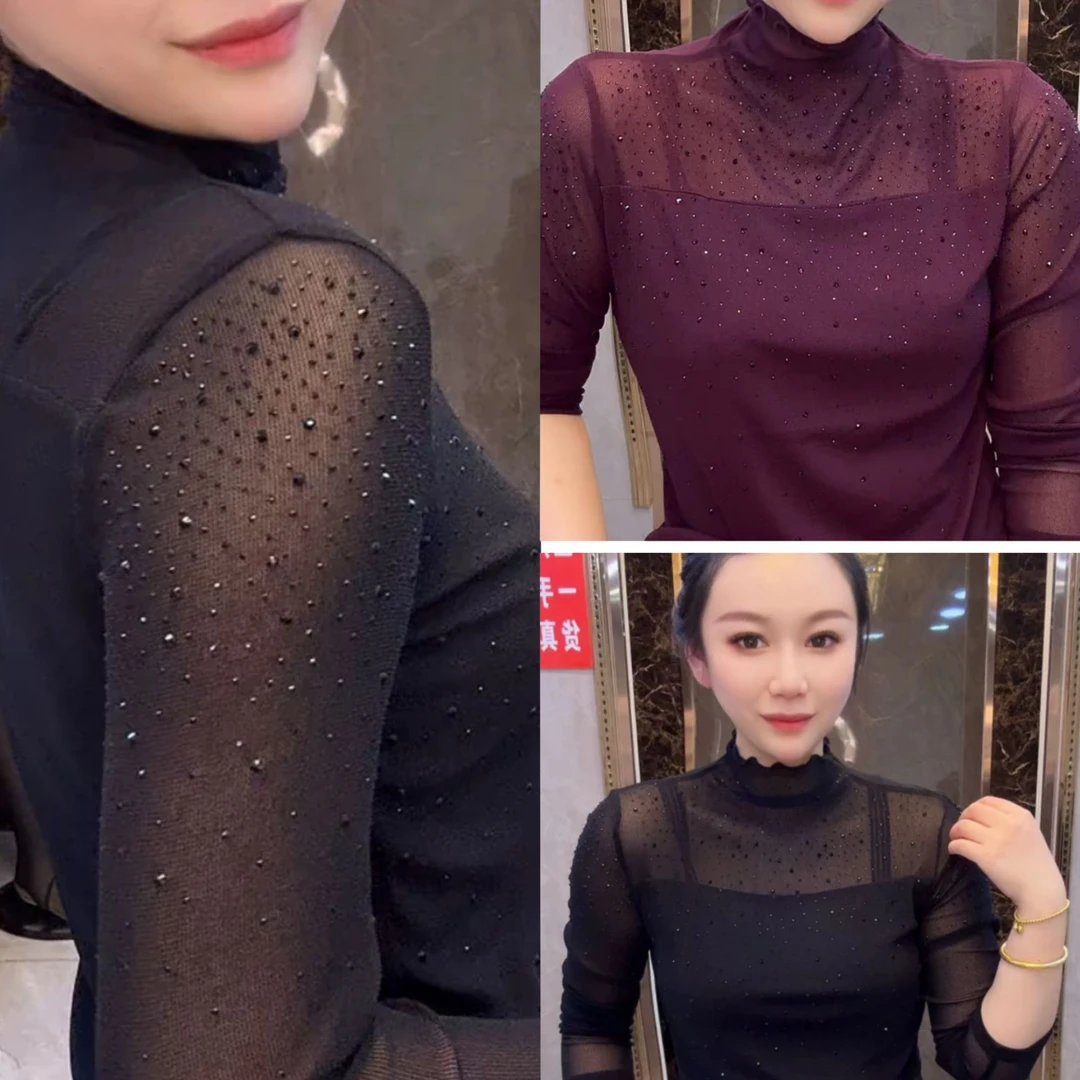 显瘦半高领打底衫2024秋冬新款网纱女装内搭黑修身长袖T恤女气质