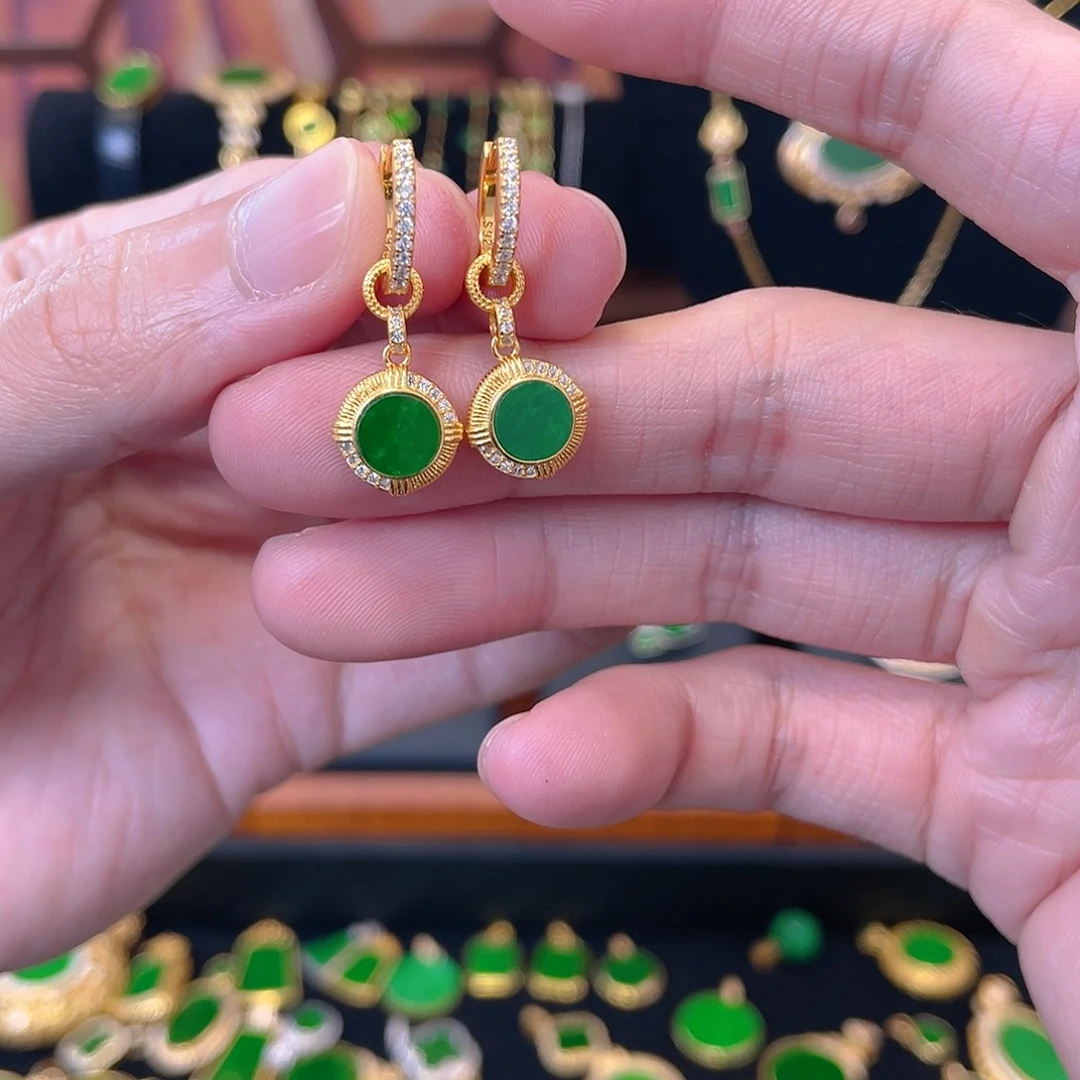 翡翠银S925镀金镶嵌耳饰