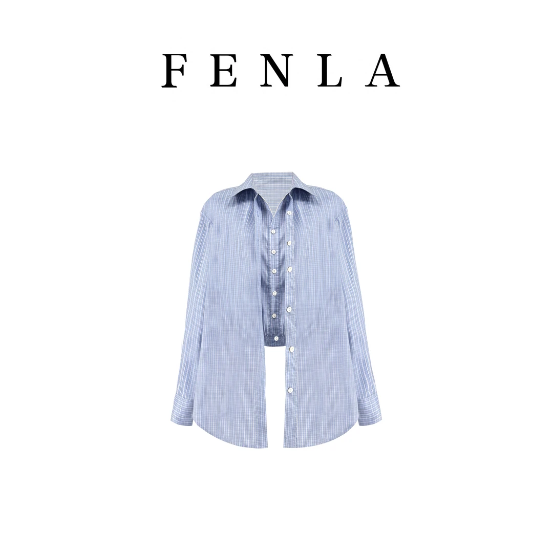 【惠姐私服】蓝色假两件格纹衬衫设计感小众宽松慵懒风衬衫 83626