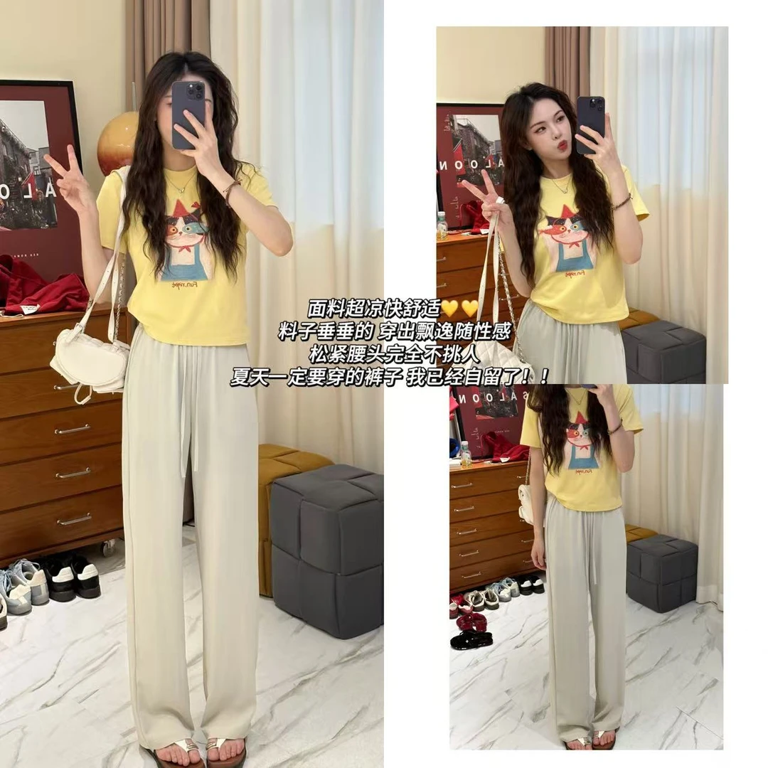 2025夏季新款凉感轻薄垂顺高腰窄版显瘦阔腿裤#1881