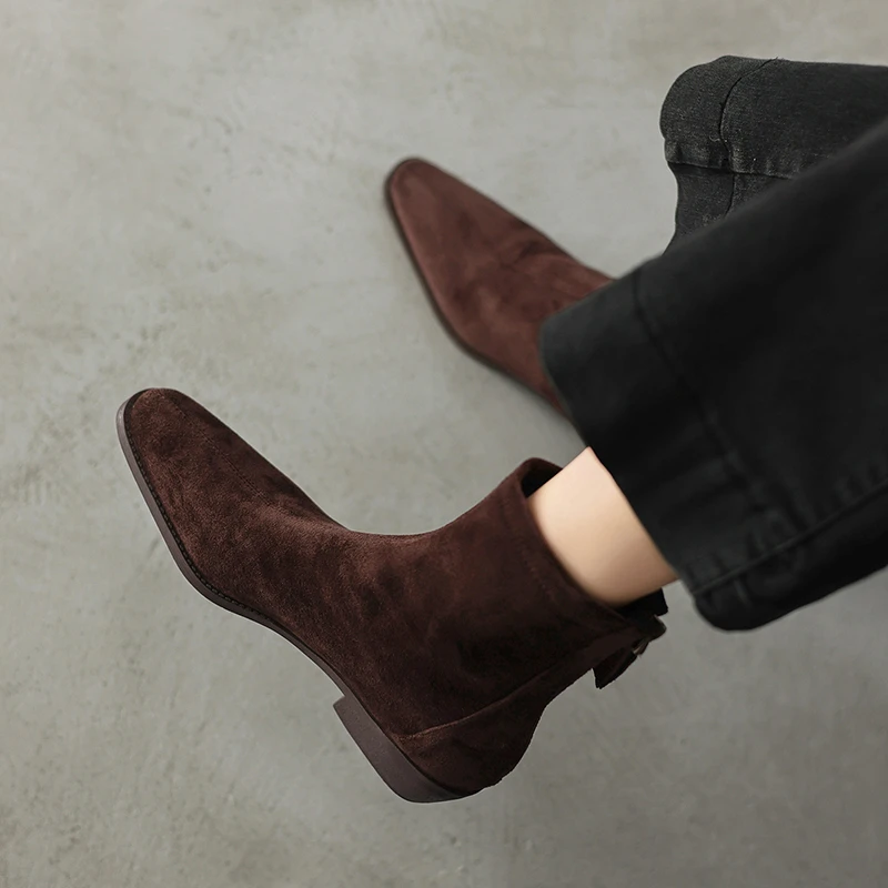 3.5CM-法式瘦瘦靴女低跟秋冬马丁靴高跟棕色短靴复古时装靴法式靴