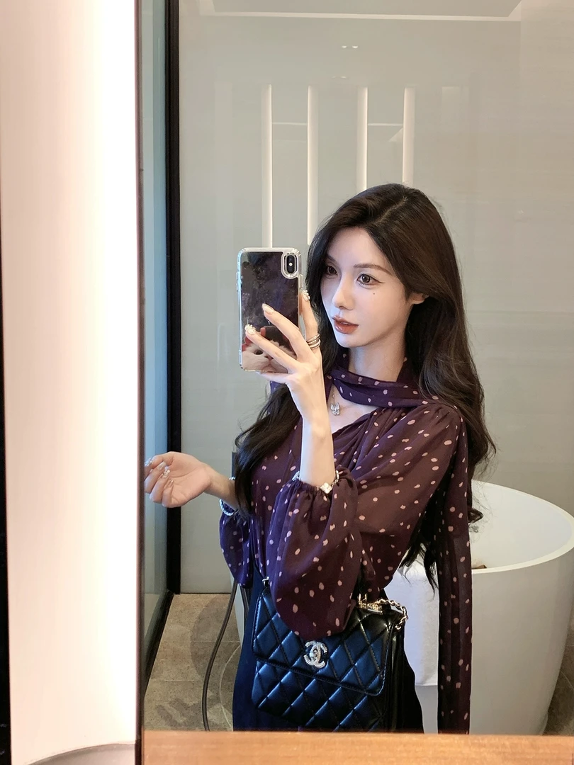 紫雾星澜 紫色飘带雪纺衫波点长袖衬衫高腰显瘦性感包臀半身裙女