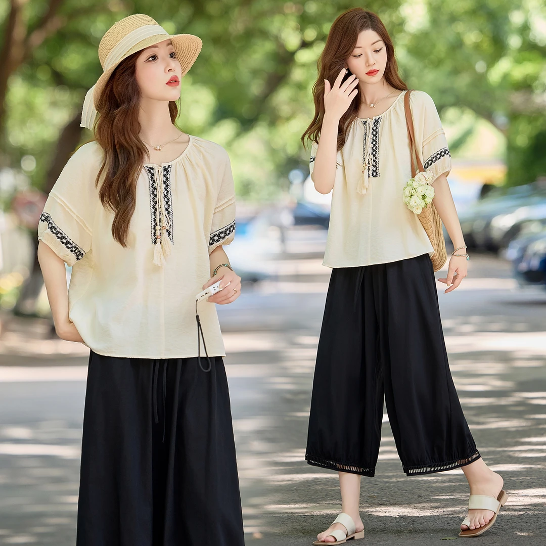 2025新款显瘦洋气套装刺绣上衣夏季宽松中国风休闲阔腿裤两件套