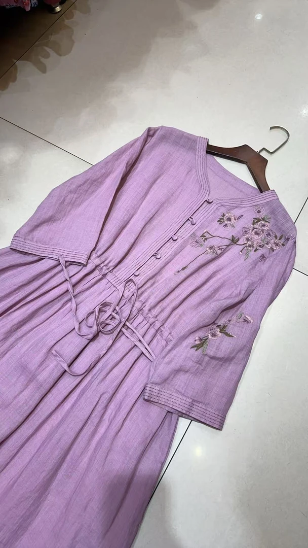 （均码）105#休闲风刺绣连衣裙长款碎花长裙汉服花色复古苎麻
