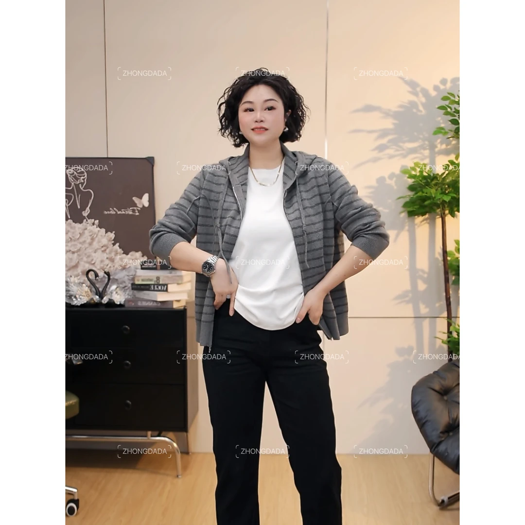 ZHONG大大【】撞色条纹连帽针织毛衣秋冬厚款百搭休闲上衣12068