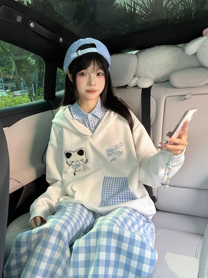 格子小狗刺绣假两件卫衣女秋季宽松美式慵懒风chic外套高级感上衣
