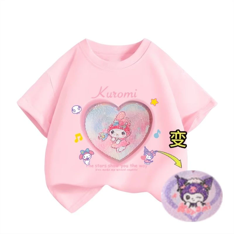 女童库洛米爱心亮片插肩短袖t恤夏季新款翻转美乐蒂卡通纯棉上衣