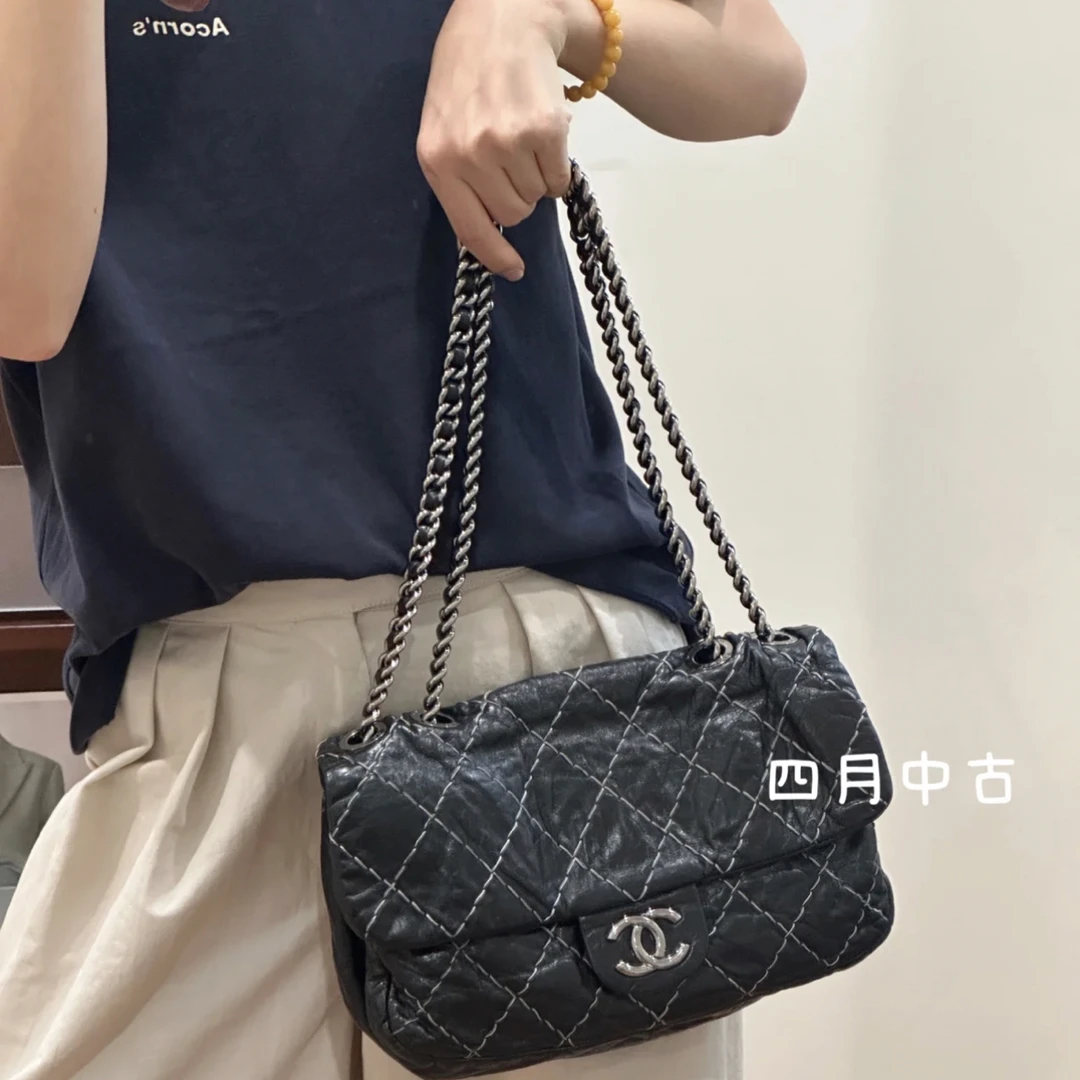 95新 Chanel/香奈儿 黑银外缝线cf口盖包 有标无卡 51618