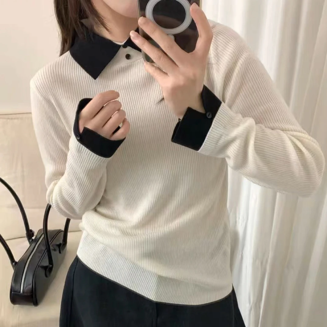 52019韩系POLO领学院风设计感撞色亲肤针织衫秋冬百搭毛衣