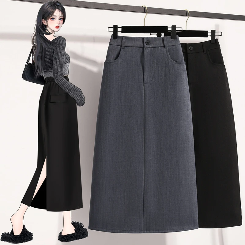 2025春秋大码胖mm灰色半身裙女高腰西装裙宽松百搭显瘦中长a字裙