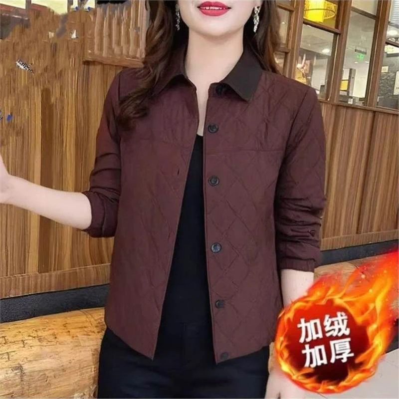 2025秋冬新款时尚休闲拼色翻领加绒加厚菱格外套保暖上衣洋气冬季