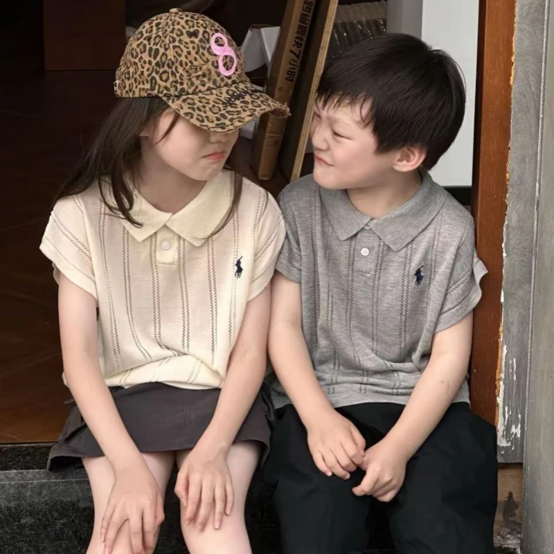 夏季新款儿童polo衫镂空冰丝童装飞机袖短袖男女童刺绣老钱风透气