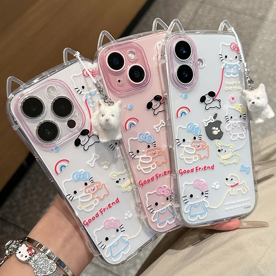 线条遛狗kt猫适用苹果16promax/13猫耳手机壳iPhone15软14透明12