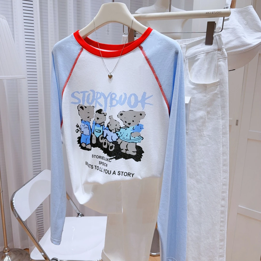 2025春夏撞色插肩袖女拼接圆领宽松小熊印花长袖T恤上衣6521-1#