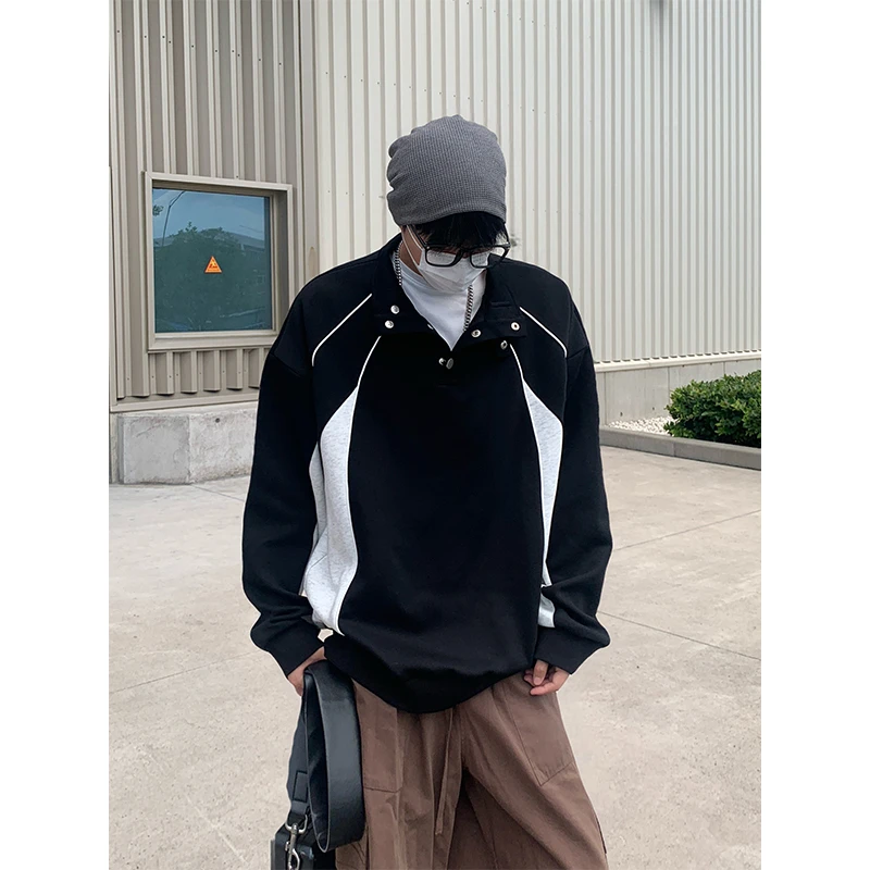撞色polo领卫衣男春秋美式潮牌重磅衣服高级感宽松立领上衣外套男