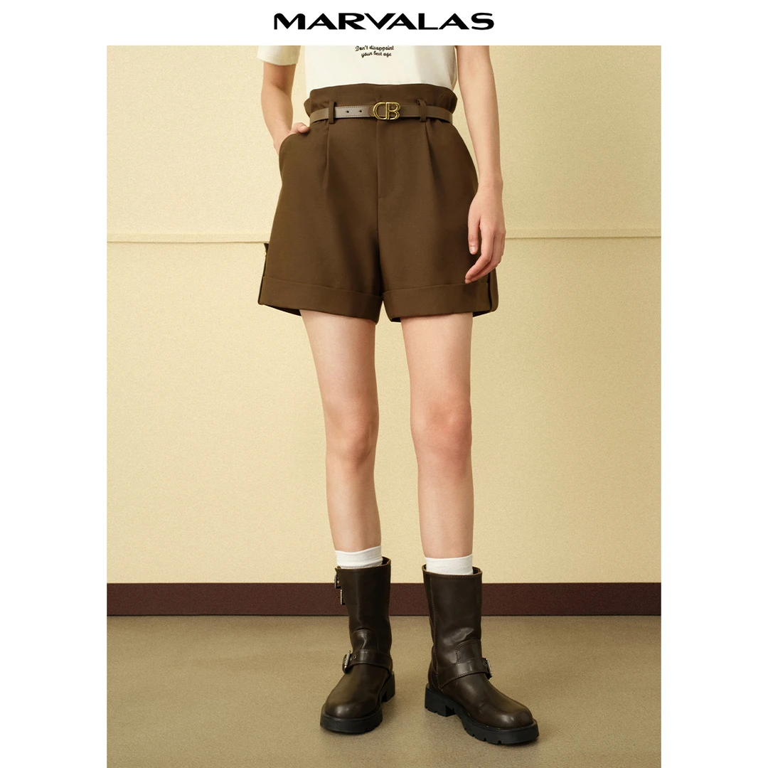 【两颗柠檬】曼德诗纯色短裤夏款宽松高腰时尚直筒裤M101105252