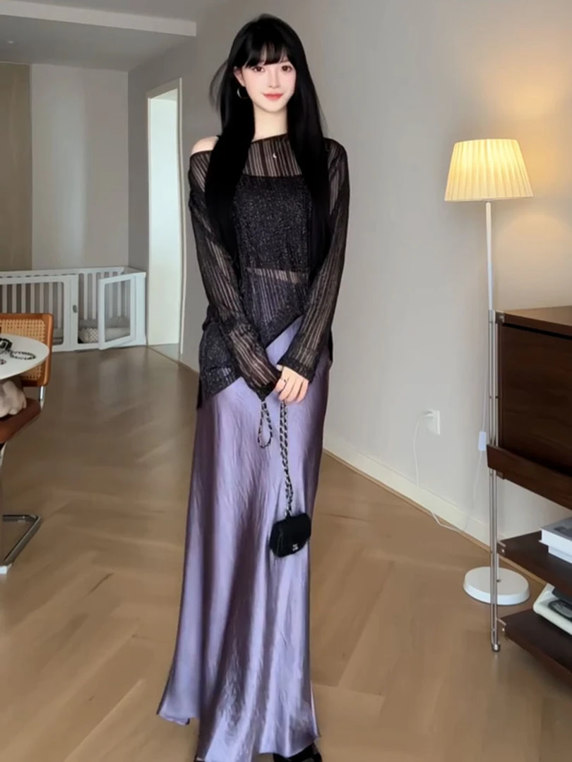 一整套入早秋搭韩风chic独特绝美小套装时尚黑色上衣半身裙两件套