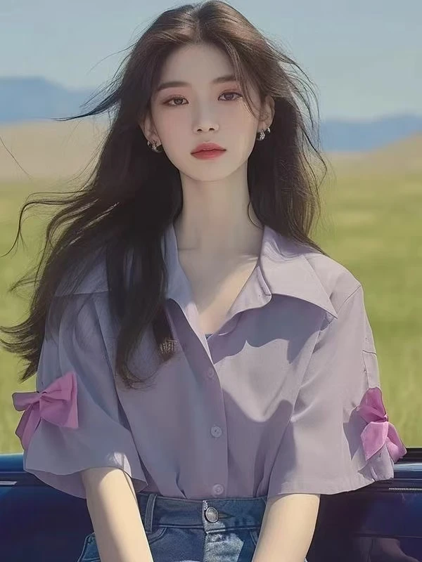 今年流行漂亮小衫时髦洋气高级感法式甜美减龄紫色蝴蝶结衬衫女夏