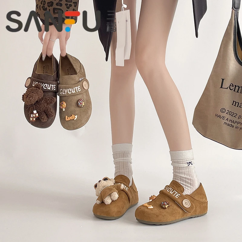 三福全包勃肯鞋女款可爱毛绒小熊软底内增高一脚蹬懒人鞋半拖女鞋