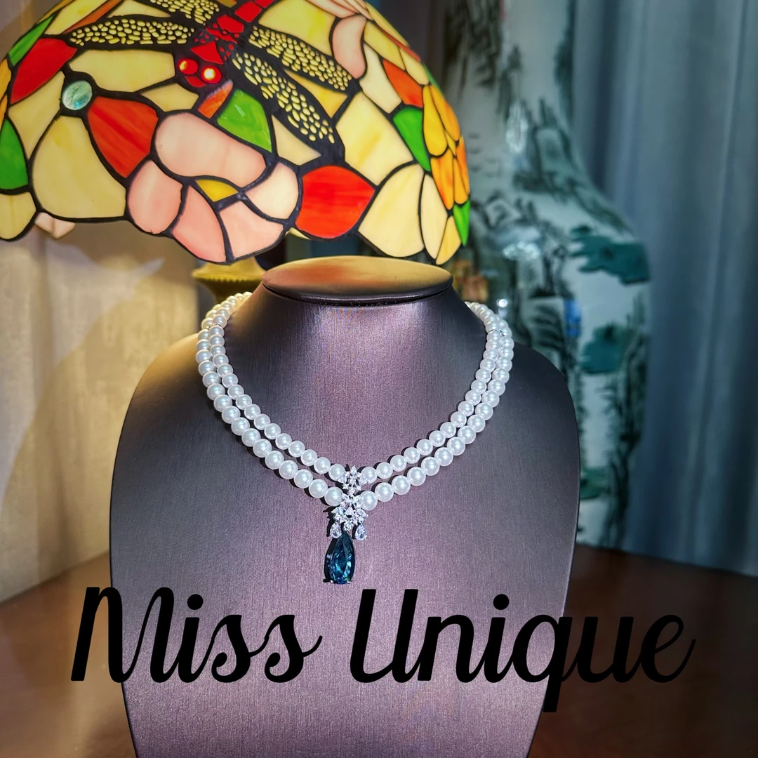 E8414 双层白珠蓝色水滴项链