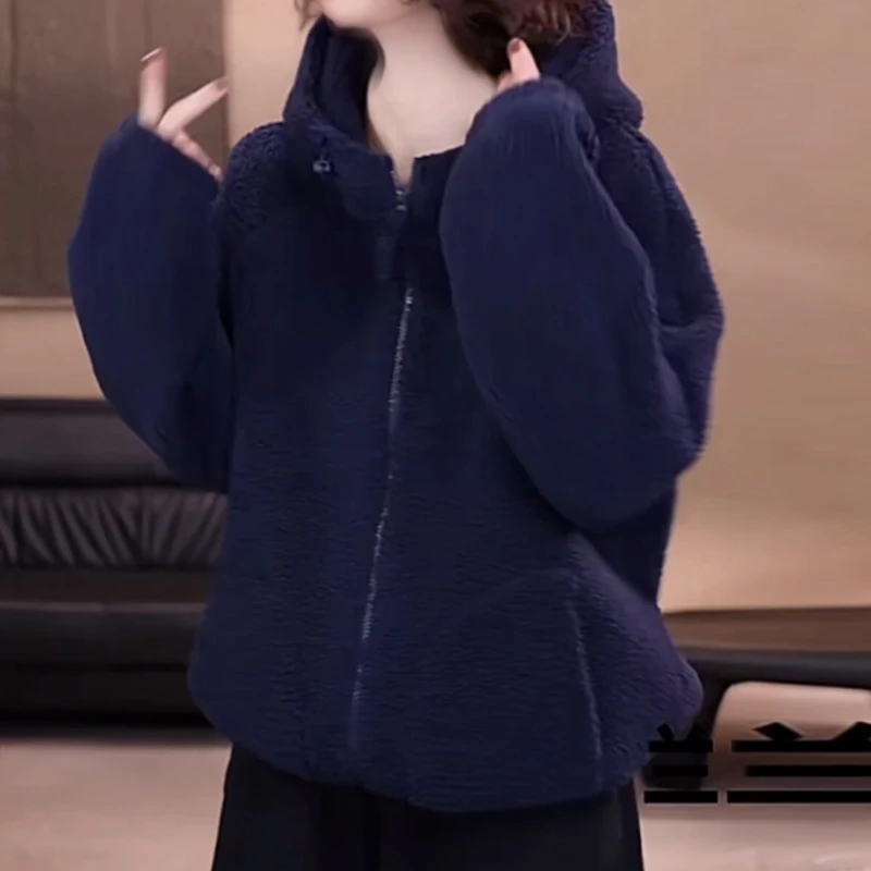 简约纯色加厚保暖颗粒绒连帽外套女2025冬季新款时尚百搭开衫上衣