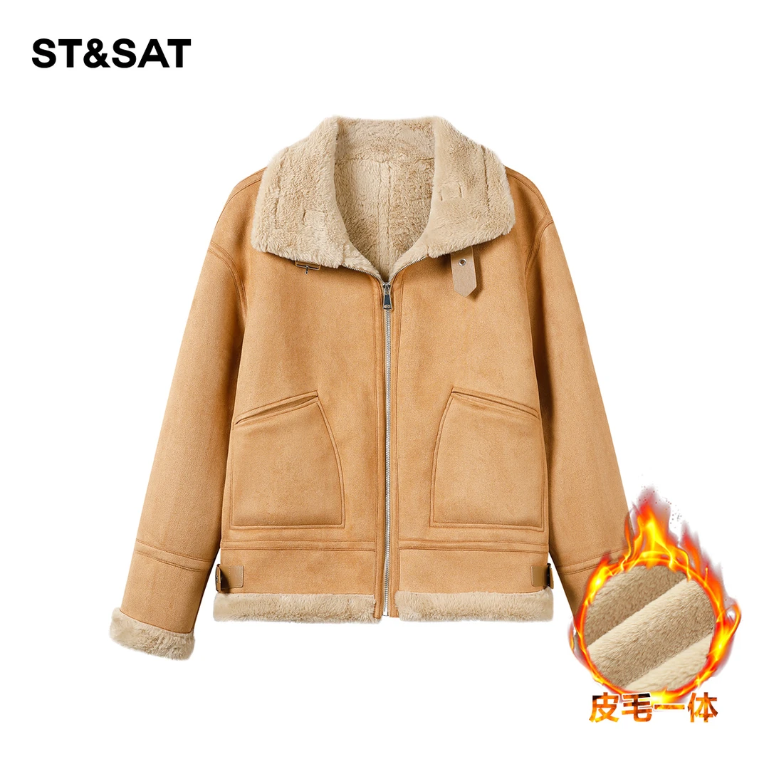 St&Sat星期六秋冬时尚休闲加绒加厚宽松保暖百搭毛绒翻领短款外套