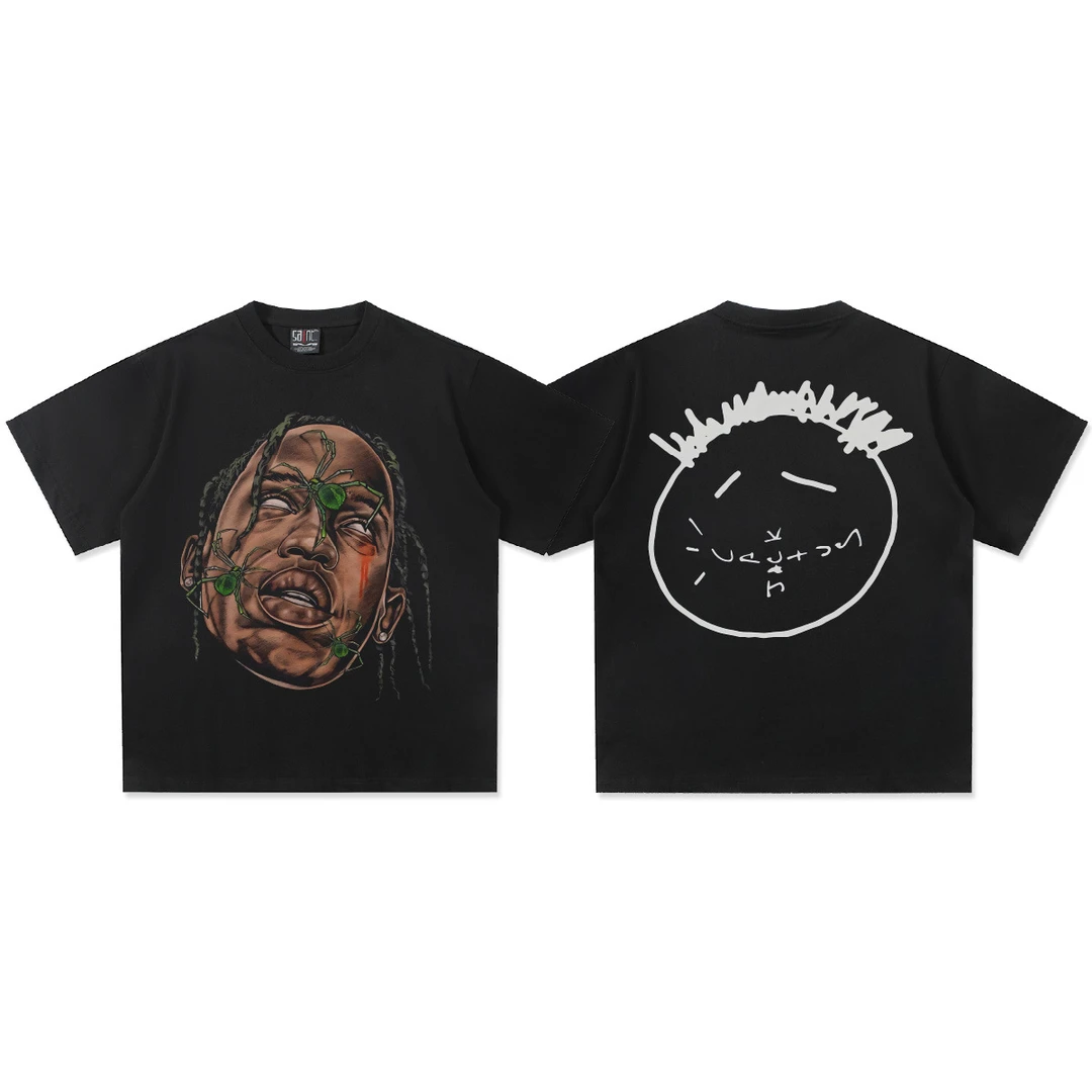 2025夏季新款Travis Scott印花短袖T恤男美式复古300g重磅纯棉tee