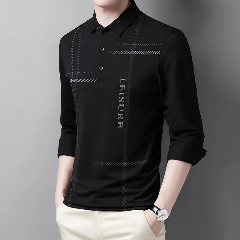 男士棉混时尚长袖衫恤弹力高级感春秋季宽松免烫翻领百搭休闲上