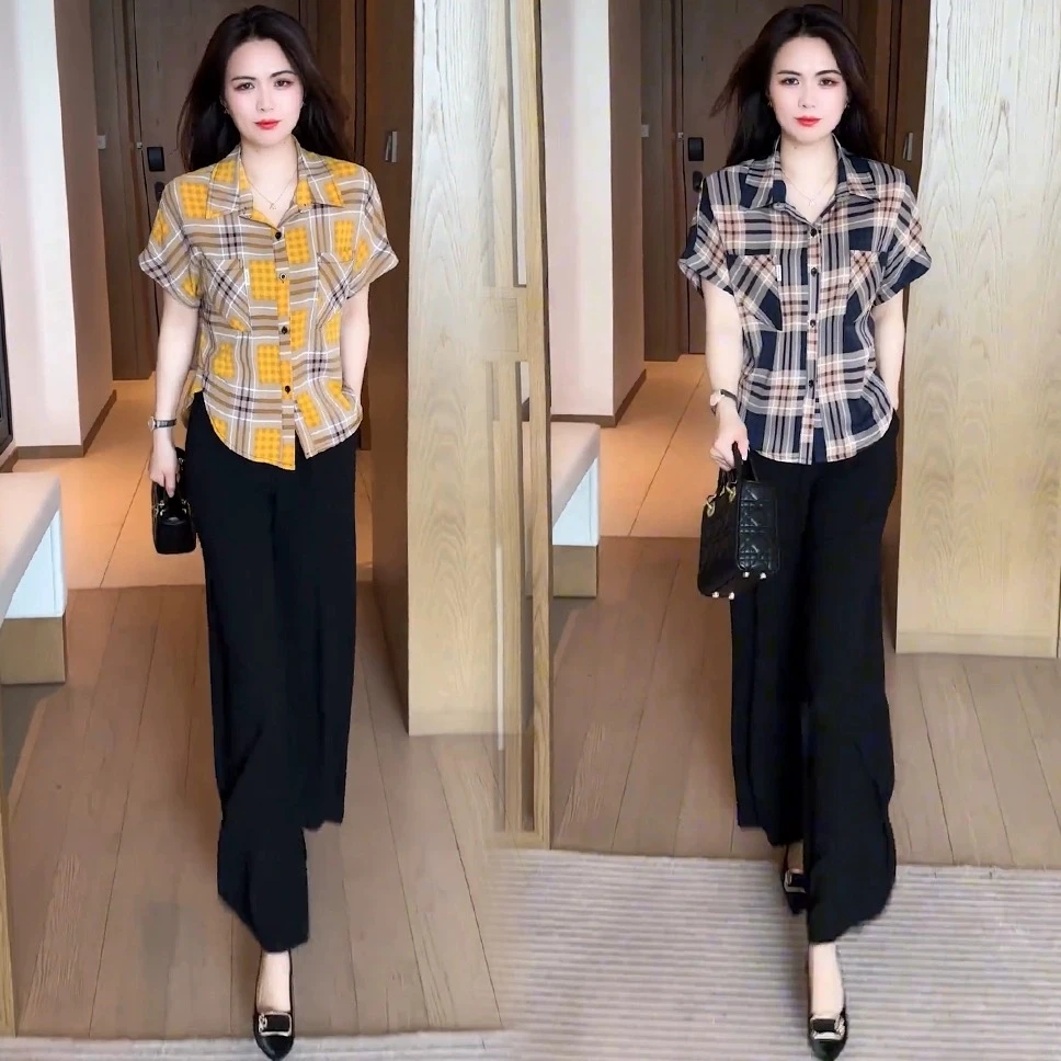 时尚格子短袖衬衫女2025夏季新款洋气复古宽松显瘦遮肚子百搭上衣