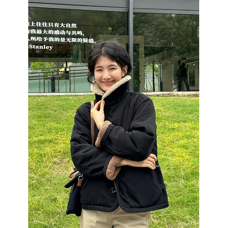 LANGQING 黑色仿羊羔毛保暖长袖极简双面外套41460#