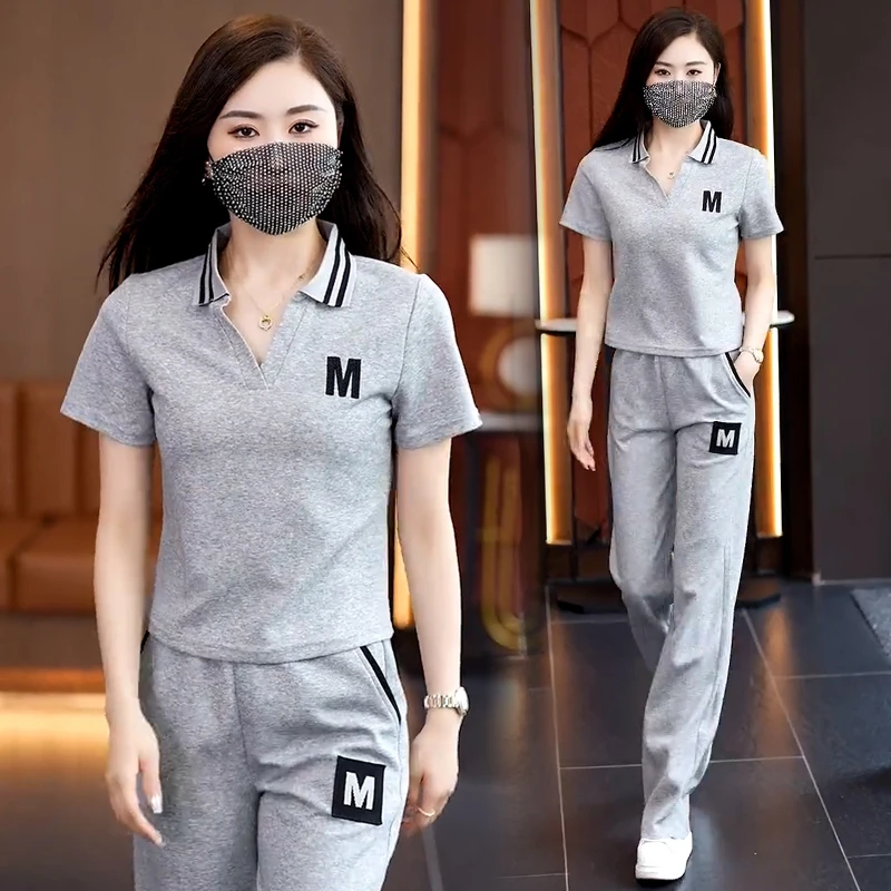 高含棉时尚简约运动风套装女2025年夏季新款显瘦上衣阔腿裤两件套