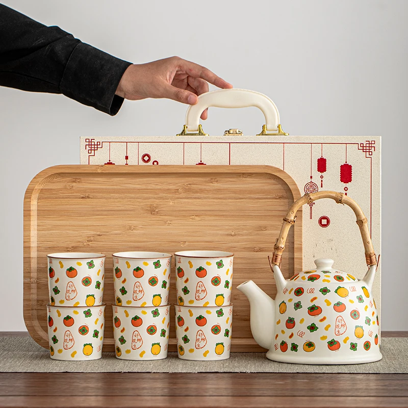 好柿发生功夫茶具套装家用大容量提梁壶一壶六杯陶瓷冷水茶壶茶杯