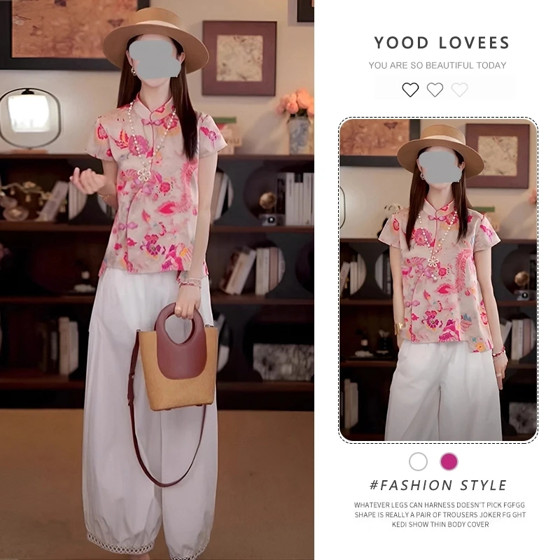 印花中国风衬衫夏民族风立领夏季薄款时尚短袖上衣