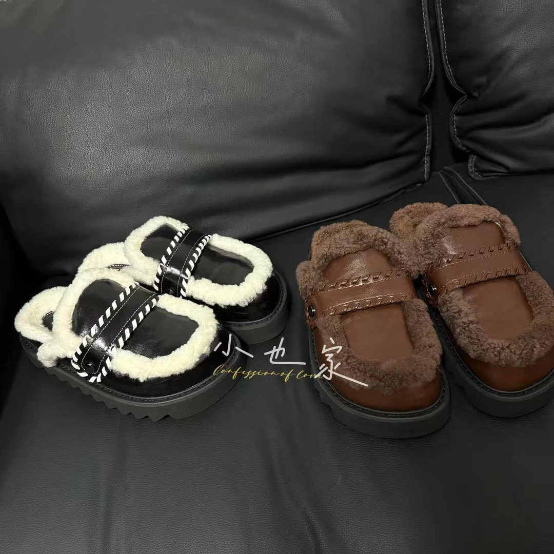 小也  慵懒自在！~一脚蹬厚底   真皮+羊毛 毛毛拖
