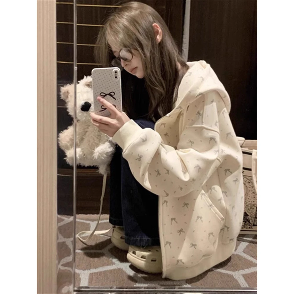 连帽碎花卫衣外套女2025秋冬新款拉链开衫休闲宽松慵懒风加绒上衣