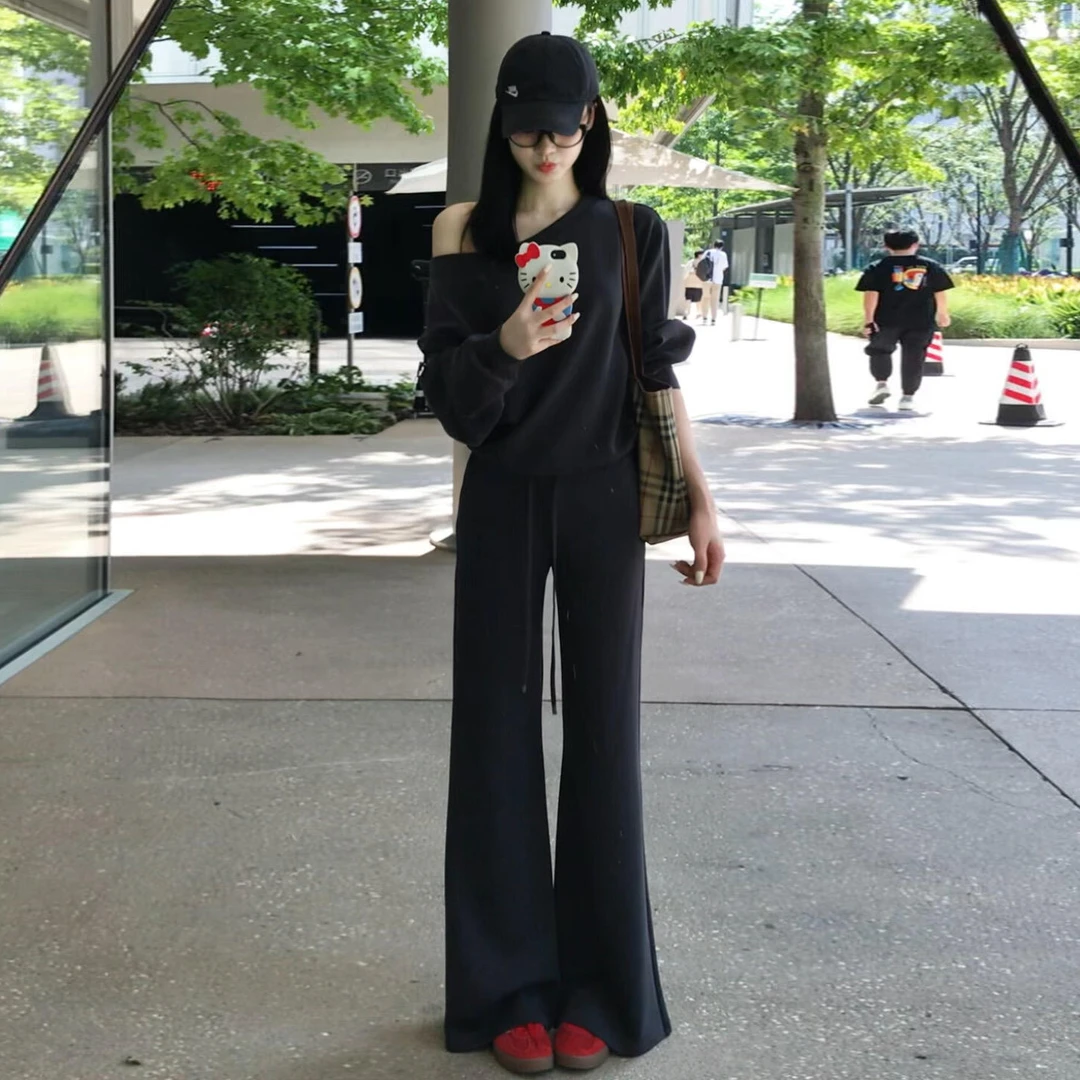 灰色斜肩卫衣休闲运动套装女早秋季2025新款巨好看韩系穿搭一整套