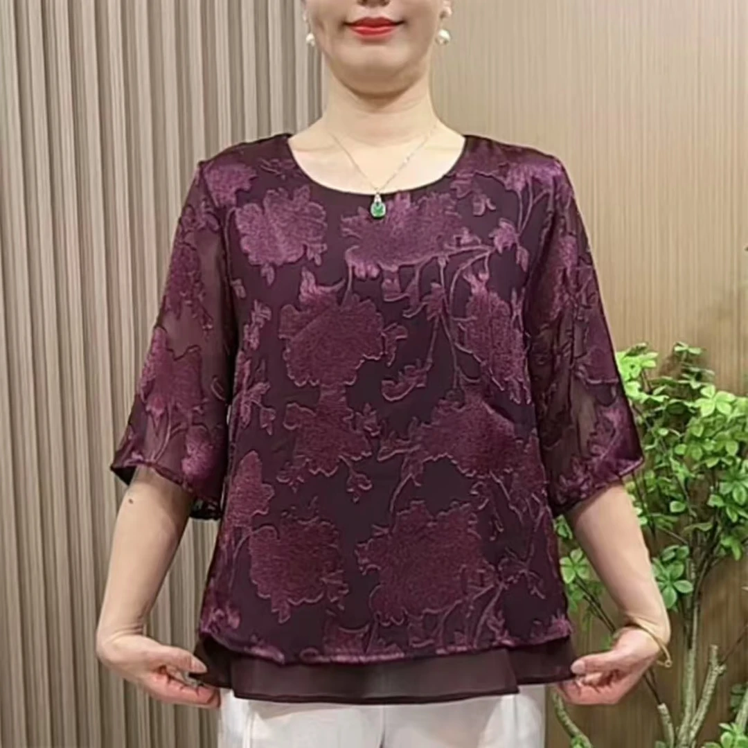 889妈妈装夏季洋气小衫中老年女装大码宽松圆领中袖气质雪纺衫