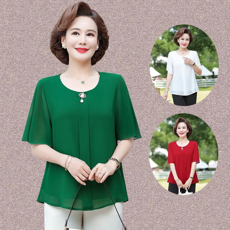 FAVMARTHA妈妈装夏季雪纺短袖T恤小衫大码宽松中老年女装时尚洋气