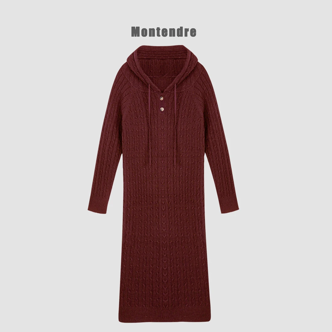 【Montendre】 秋冬新款 M 时尚休闲连帽绞花设计针织显瘦连衣裙