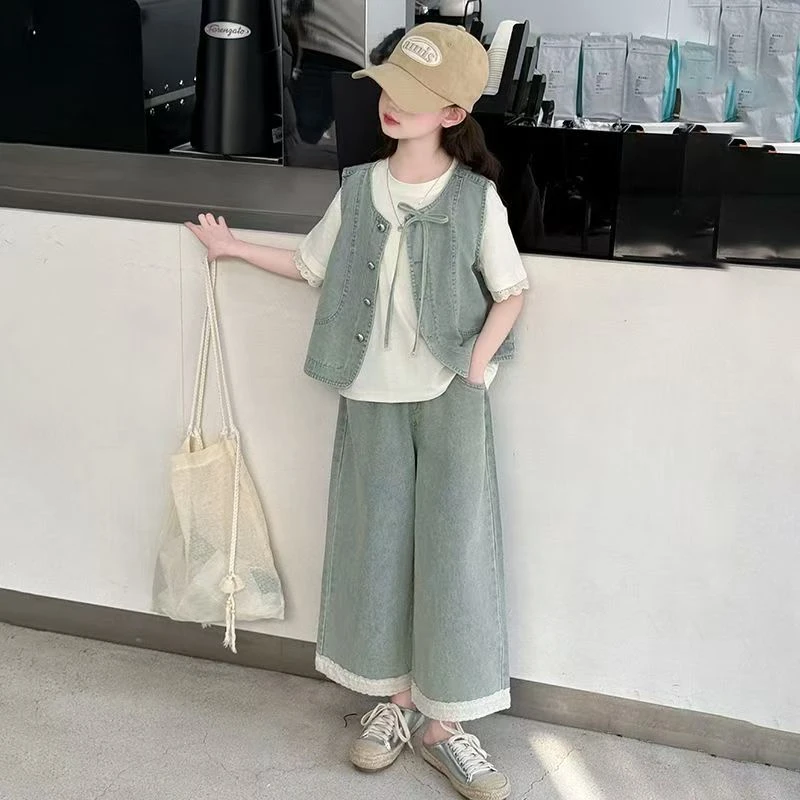 女童夏装2025新款潮流爆款洋气儿童夏季马甲短袖阔腿裤三件套