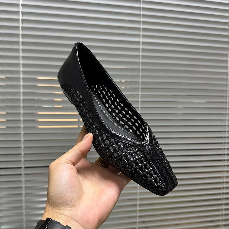 3cm/粗跟编织单鞋女百搭透气夏季女鞋舒适方头软底软面浅口鞋子女