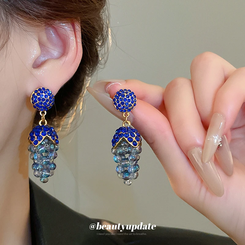 铜合金耳饰 【紫珠垂珥】银针镶钻水晶葡萄耳钉女中古小众创意耳环