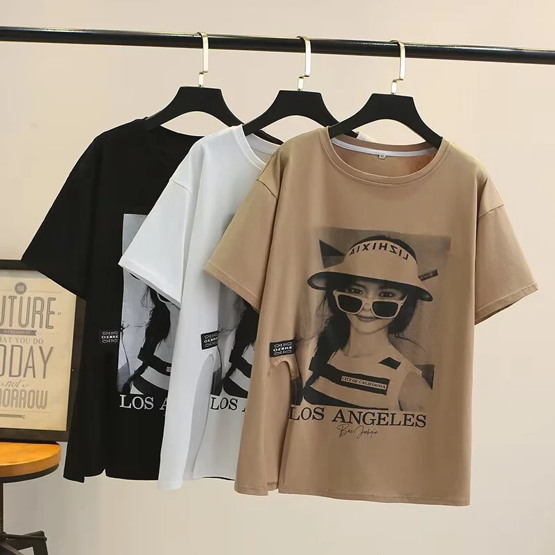 AT2322女孩印花侧开叉短袖T恤大码女装背面拼接蕾丝休闲上衣夏季