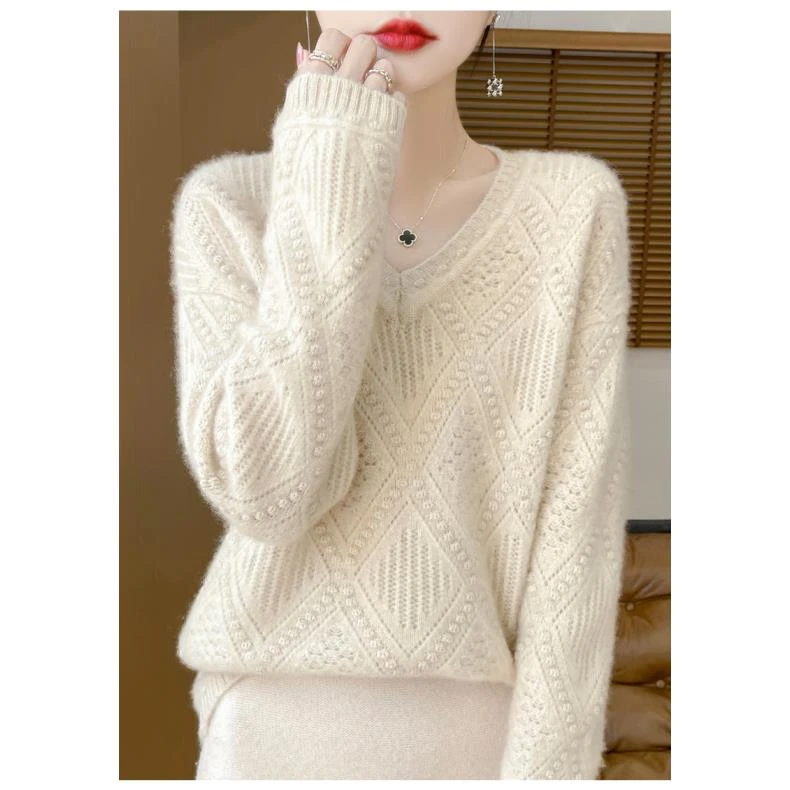 100纯羊毛针织衫加厚V领鼓波高级风上衣D325清