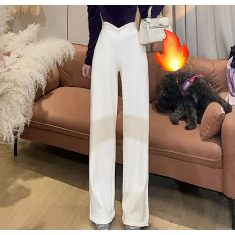 【美美专享】550300秋冬新款高腰垂感显瘦钻边后橡筋小直筒阔腿裤女